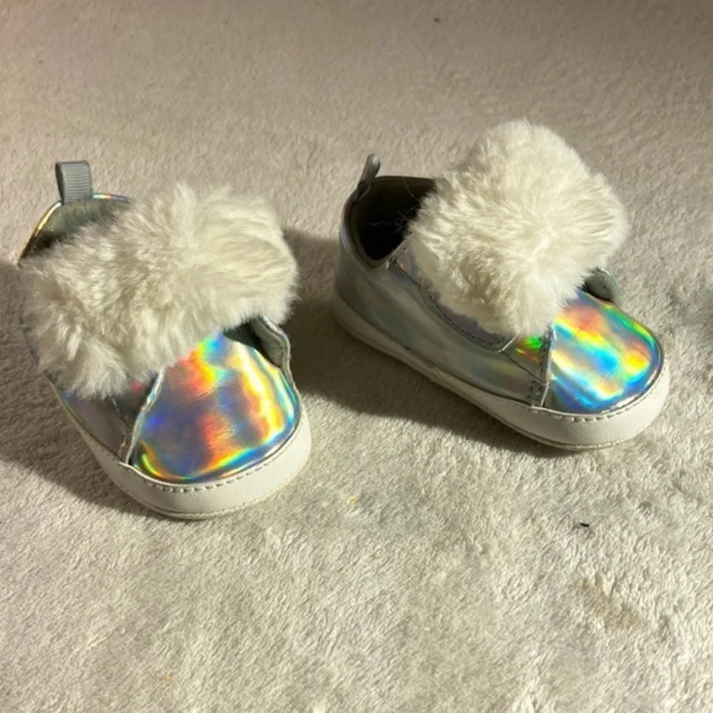 First Steps Silver Hologram Faux Fur Baby Shoes